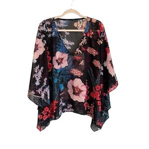 Womens Top Womens L Boho Floral V Neck Sheer Kimono Sleeves Beach Black Pink